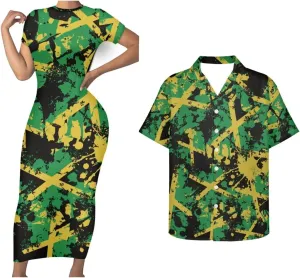 Jamaican 2 Piece Set Couple Outfits Women Jamaica Flag Short Sleeve Skinny Slim Dress Men's Shirt