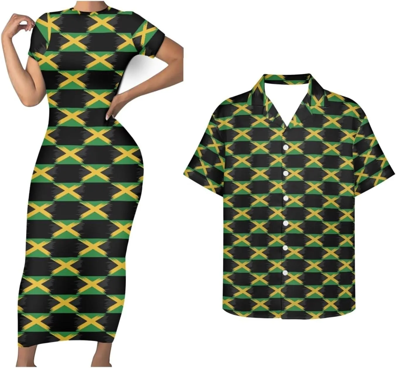 Jamaican 2 Piece Set Couple Outfits Women Jamaica Flag Short Sleeve Skinny Slim Dress Men's Shirt