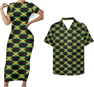 Jamaican 2 Piece Set Couple Outfits Women Jamaica Flag Short Sleeve Skinny Slim Dress Men's Shirt