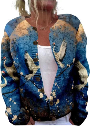 Japanese Print Sweater for Women Crane Graphic Chunky Cardigan Plus Size Button Up Knitted 2024 Winter Sweater