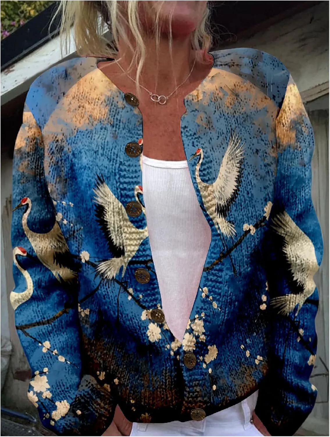 Japanese Print Sweater for Women Crane Graphic Chunky Cardigan Plus Size Button Up Knitted 2024 Winter Sweater