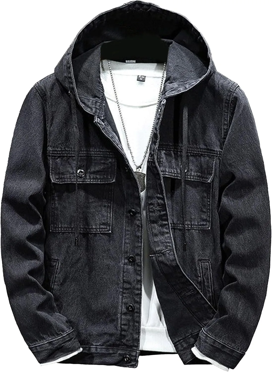 JEKE-DG Men's Distressed Denim Hoodie Jacket Casual Slim Fit Button Down Jeans Coat Long Sleeve Trucker Outwear