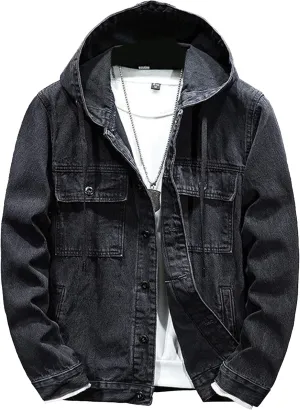 JEKE-DG Men's Distressed Denim Hoodie Jacket Casual Slim Fit Button Down Jeans Coat Long Sleeve Trucker Outwear