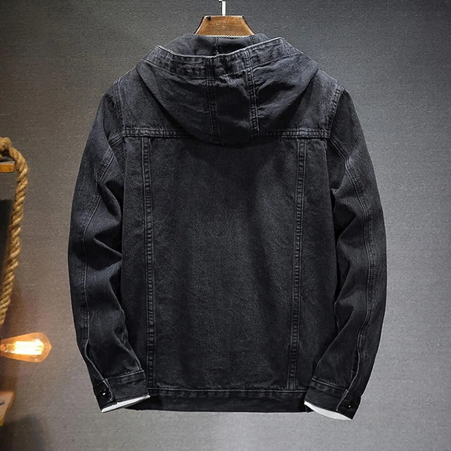 JEKE-DG Men's Distressed Denim Hoodie Jacket Casual Slim Fit Button Down Jeans Coat Long Sleeve Trucker Outwear