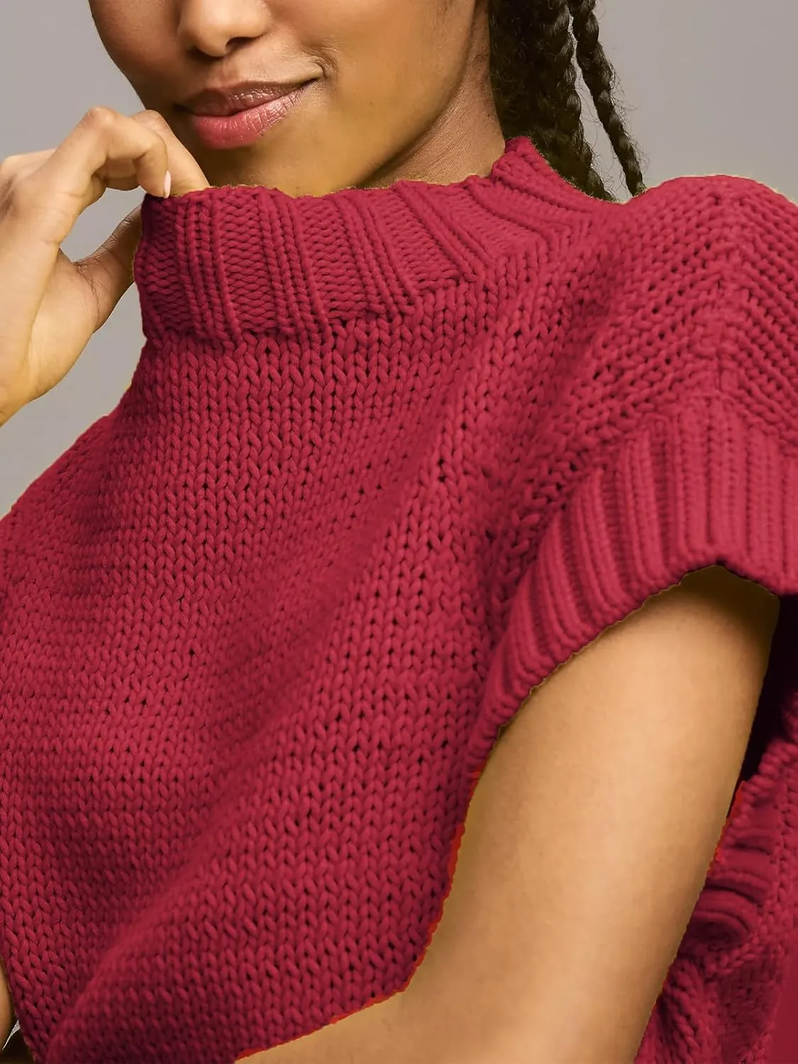 Jenkoon Women's Ultra Soft Fashion Sweater Vest Mock-Neck Extended Shoulder Sweater Vest Cap Sleeve Knit Pullover
