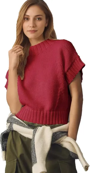 Jenkoon Women's Ultra Soft Fashion Sweater Vest Mock-Neck Extended Shoulder Sweater Vest Cap Sleeve Knit Pullover