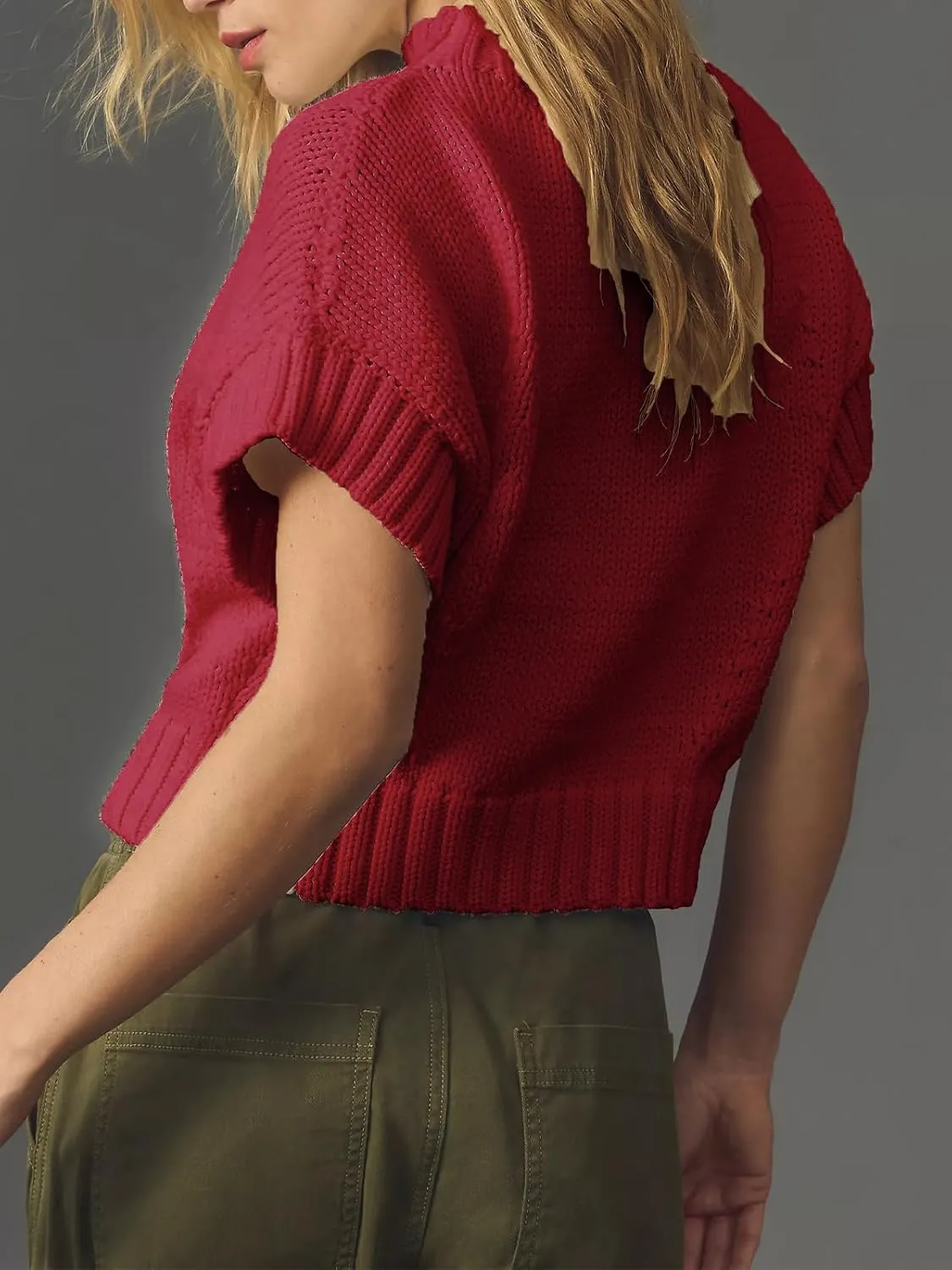Jenkoon Women's Ultra Soft Fashion Sweater Vest Mock-Neck Extended Shoulder Sweater Vest Cap Sleeve Knit Pullover