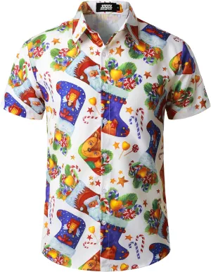 JOGAL Men's Christmas Shirt Santa Claus Party Flamingo Casual Hawaiian Shirts