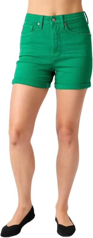 Judy Blue High Rise Control Top Cuffed Shorts in Green
