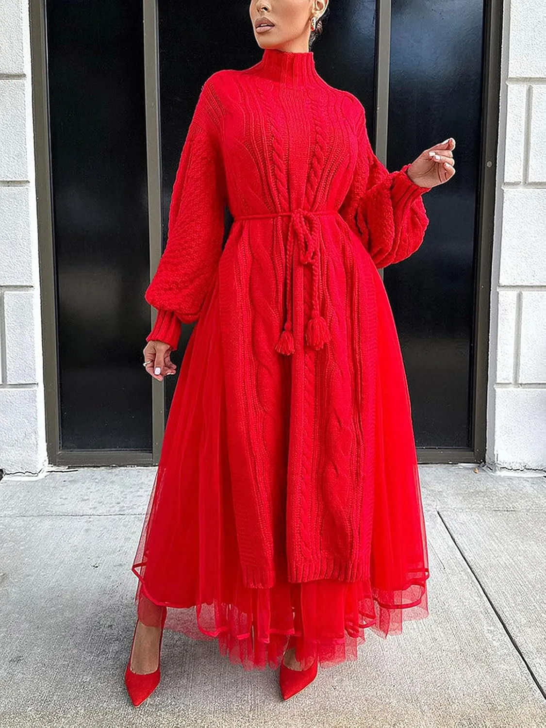 KANSOON Two Piece Fall Outfits for Women Long Lantern Sleeve Slit Sweater Dress and Maxi Tulle Skirt Set with Belt