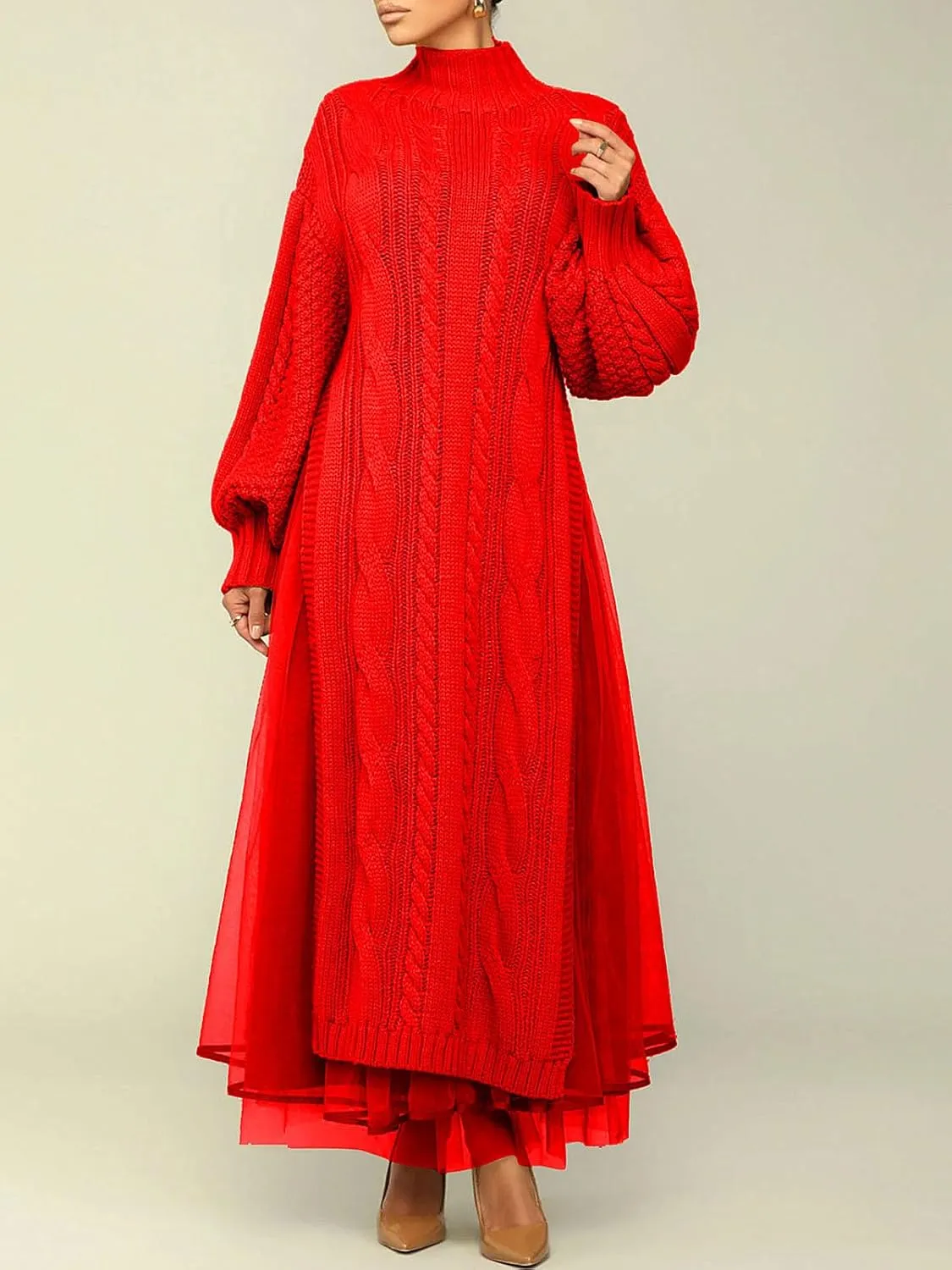 KANSOON Two Piece Fall Outfits for Women Long Lantern Sleeve Slit Sweater Dress and Maxi Tulle Skirt Set with Belt