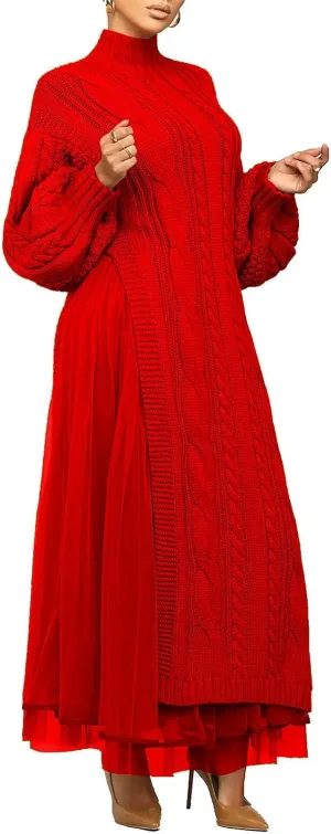 KANSOON Two Piece Fall Outfits for Women Long Lantern Sleeve Slit Sweater Dress and Maxi Tulle Skirt Set with Belt