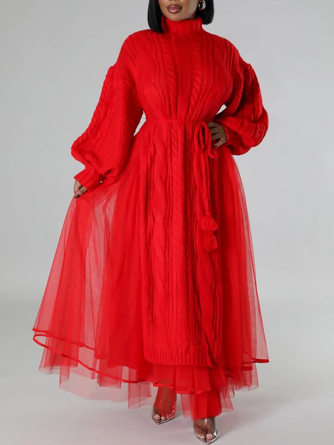 KANSOON Two Piece Fall Outfits for Women Long Lantern Sleeve Slit Sweater Dress and Maxi Tulle Skirt Set with Belt