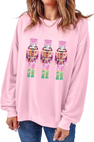 KMBANGI Women Christmas Nutcracker Sweatshirt Holiday Funny Graphic Pullover Top Oversized Crewneck Long Sleeve Shirts