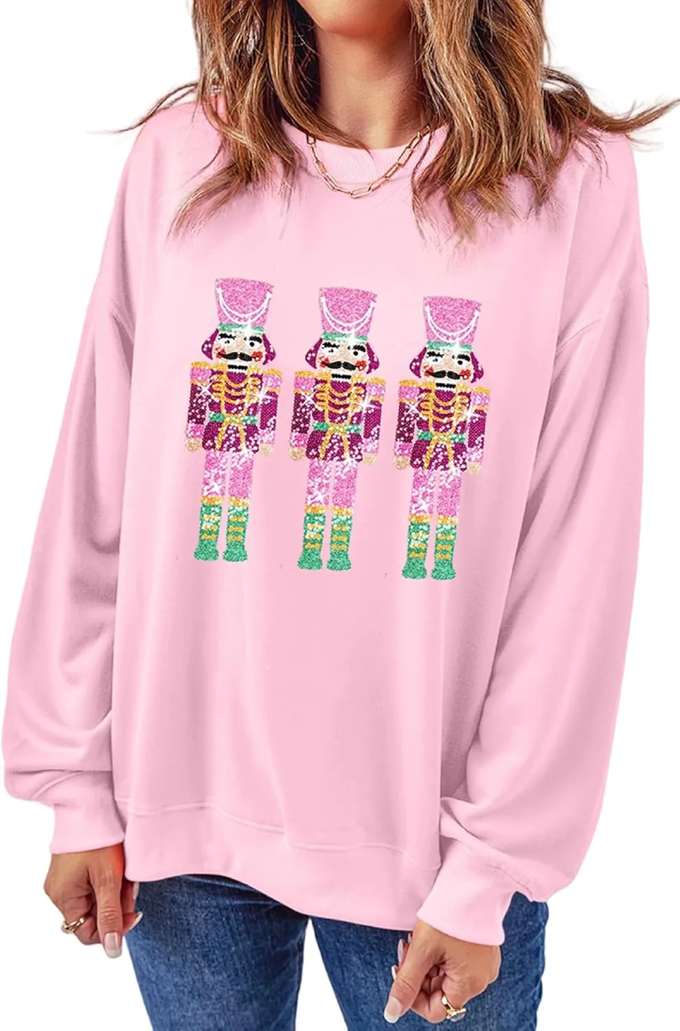KMBANGI Women Christmas Nutcracker Sweatshirt Holiday Funny Graphic Pullover Top Oversized Crewneck Long Sleeve Shirts