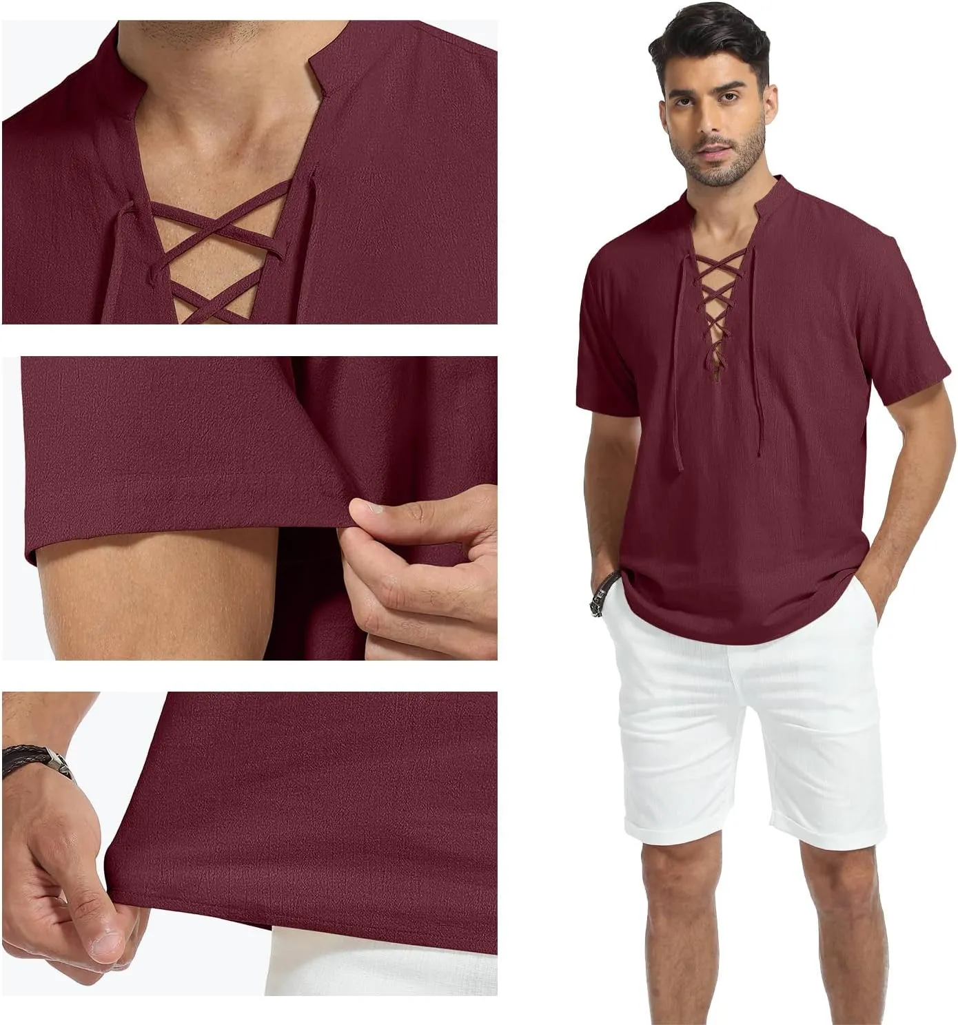 KUYIGO Men's Cotton Linen Shirt Pirate Vintage Short Sleeve Lace Up Renaissance Costume Beach Top