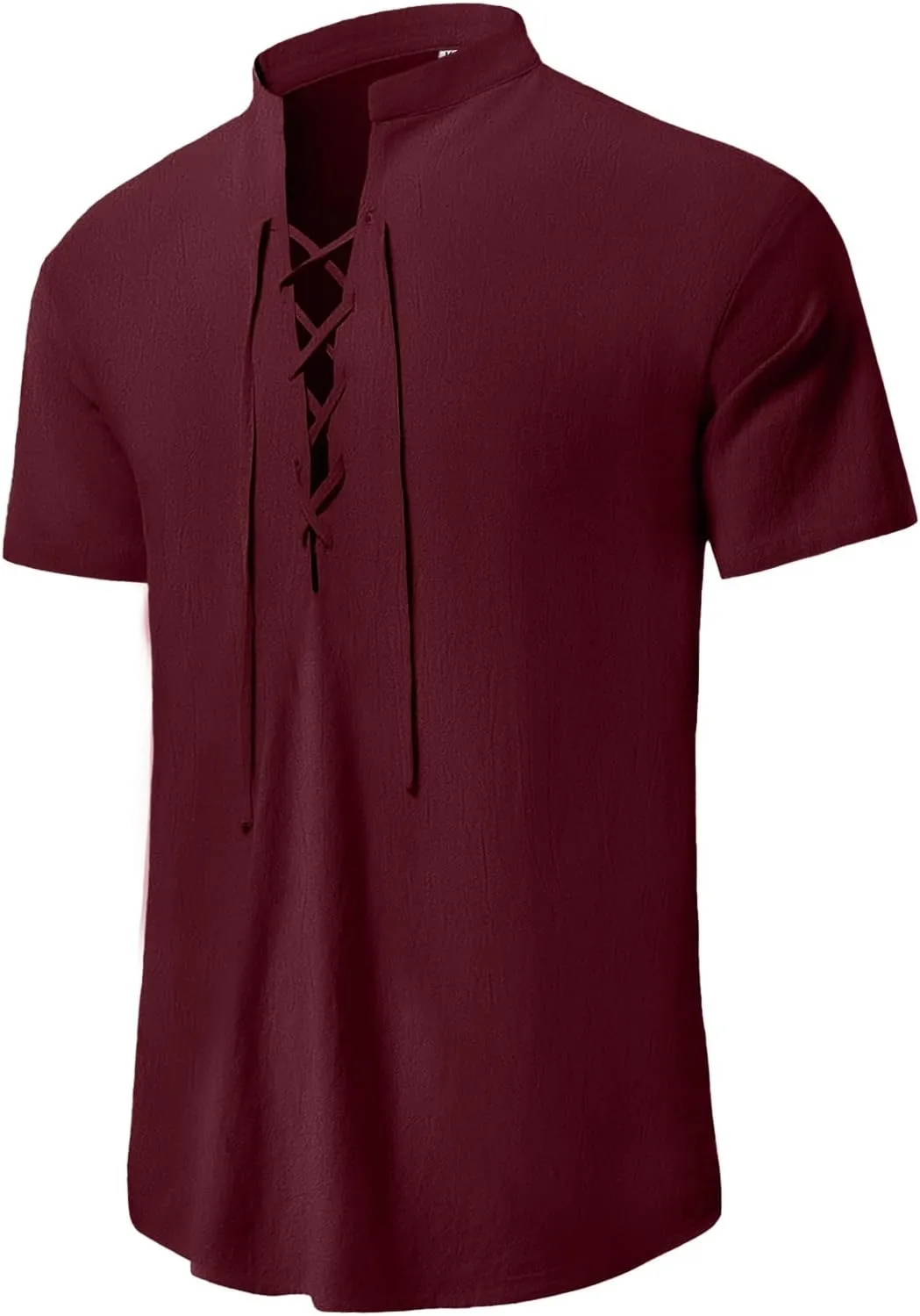 KUYIGO Men's Cotton Linen Shirt Pirate Vintage Short Sleeve Lace Up Renaissance Costume Beach Top