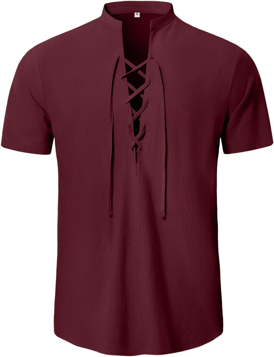 KUYIGO Men's Cotton Linen Shirt Pirate Vintage Short Sleeve Lace Up Renaissance Costume Beach Top
