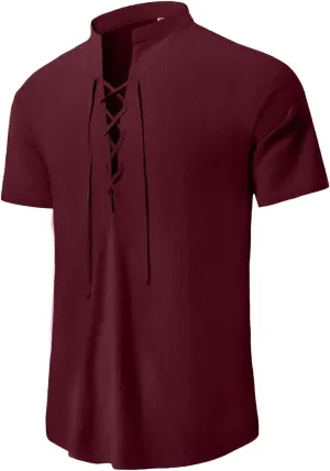 KUYIGO Men's Cotton Linen Shirt Pirate Vintage Short Sleeve Lace Up Renaissance Costume Beach Top