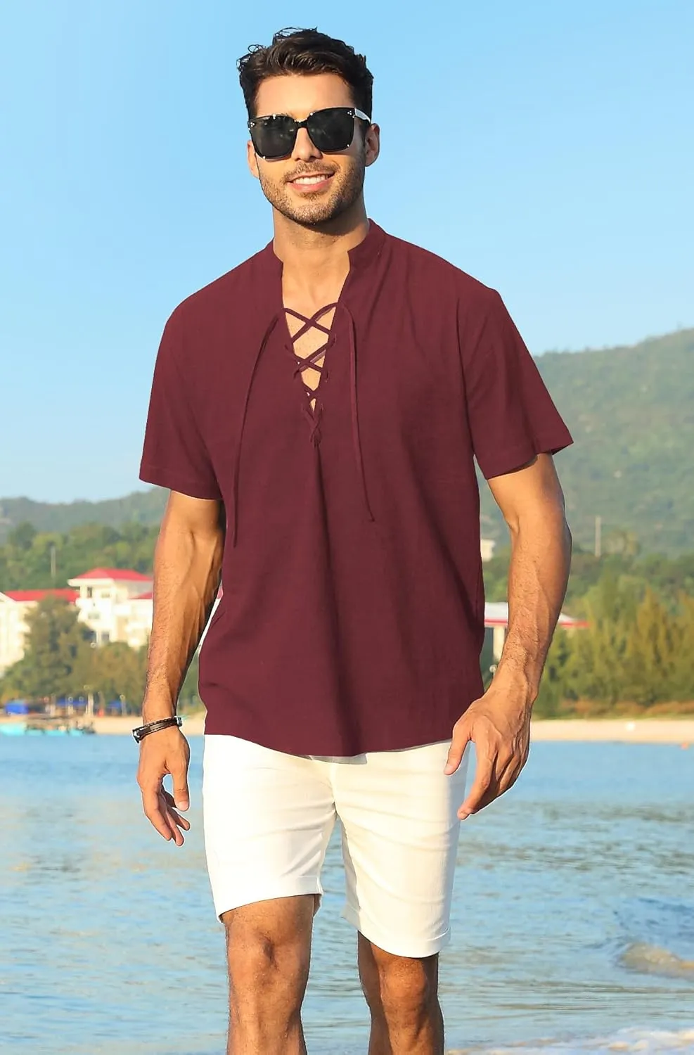 KUYIGO Men's Cotton Linen Shirt Pirate Vintage Short Sleeve Lace Up Renaissance Costume Beach Top