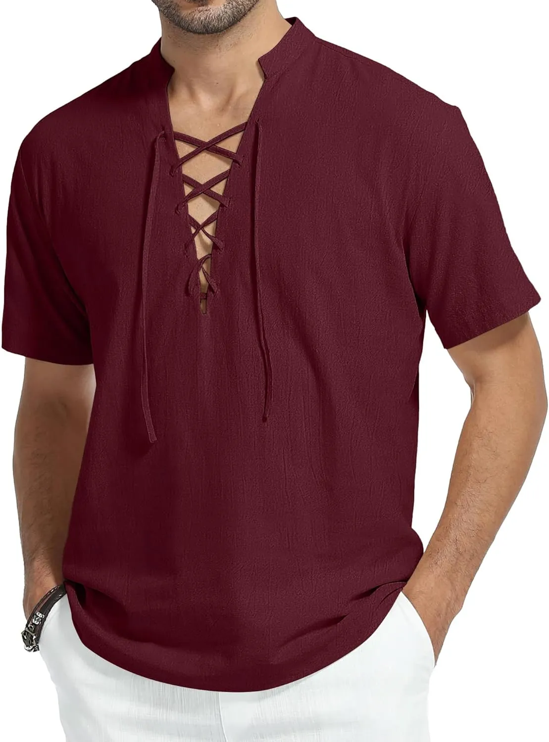 KUYIGO Men's Cotton Linen Shirt Pirate Vintage Short Sleeve Lace Up Renaissance Costume Beach Top