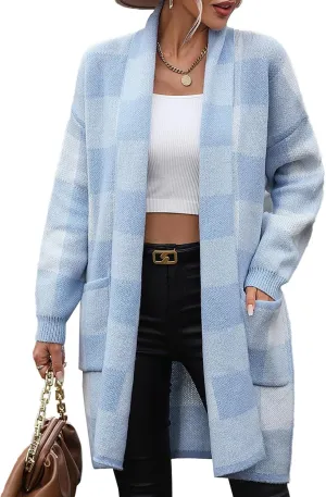 KYLASIEN Stylish Women's Plaid Jacket, Fashionable Long Sleeve Shacket with Checkered Design Blue -M