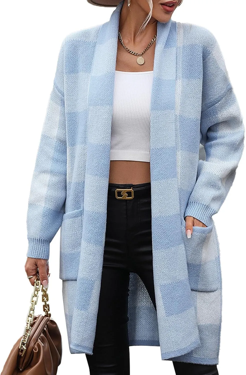 KYLASIEN Stylish Women's Plaid Jacket, Fashionable Long Sleeve Shacket with Checkered Design Blue -M