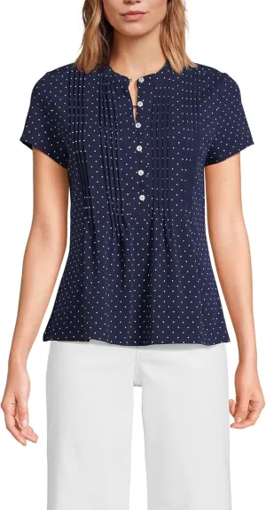Lands' End Women's Short Sleeve Lightweight Jersey Button Pintuck Top