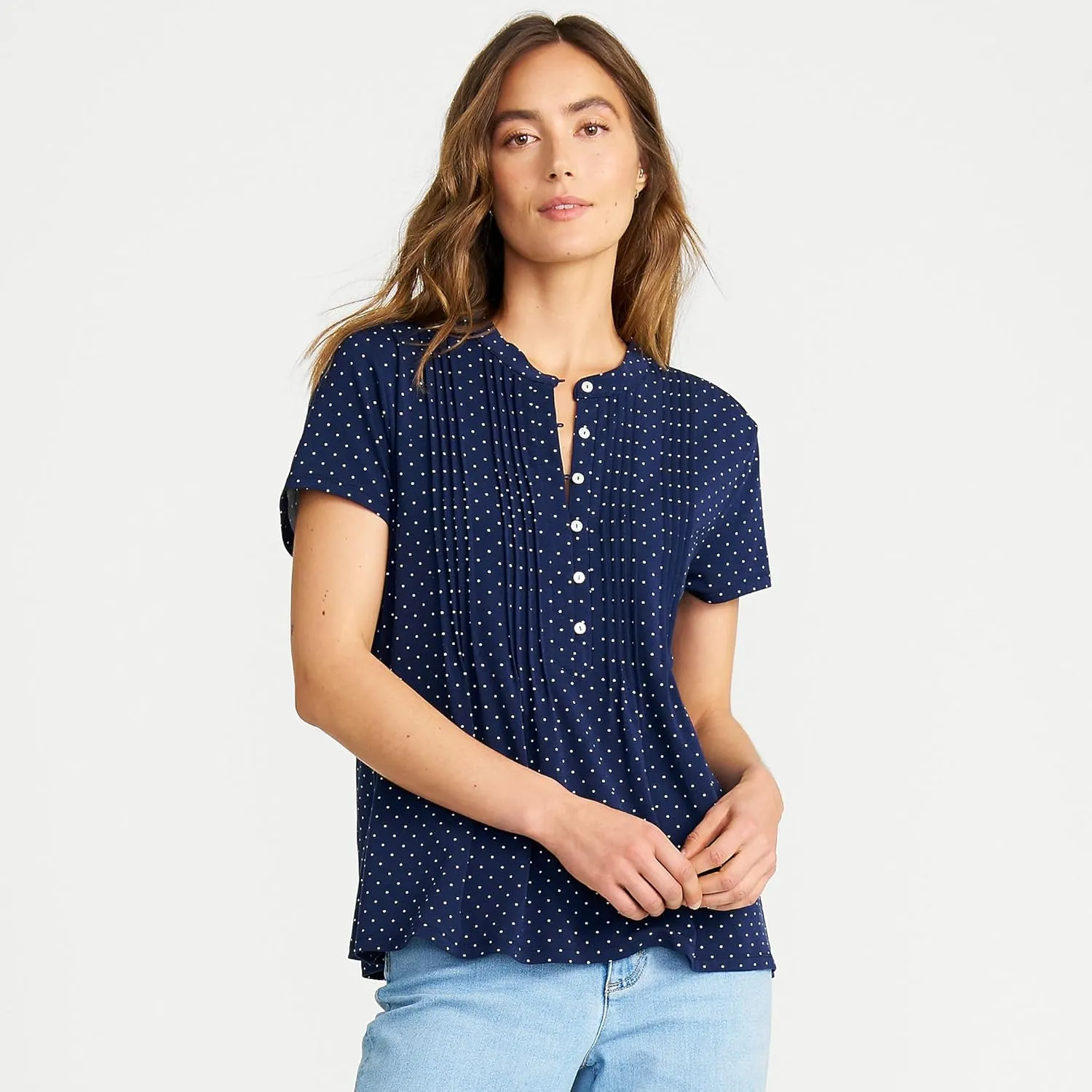 Lands' End Women's Short Sleeve Lightweight Jersey Button Pintuck Top
