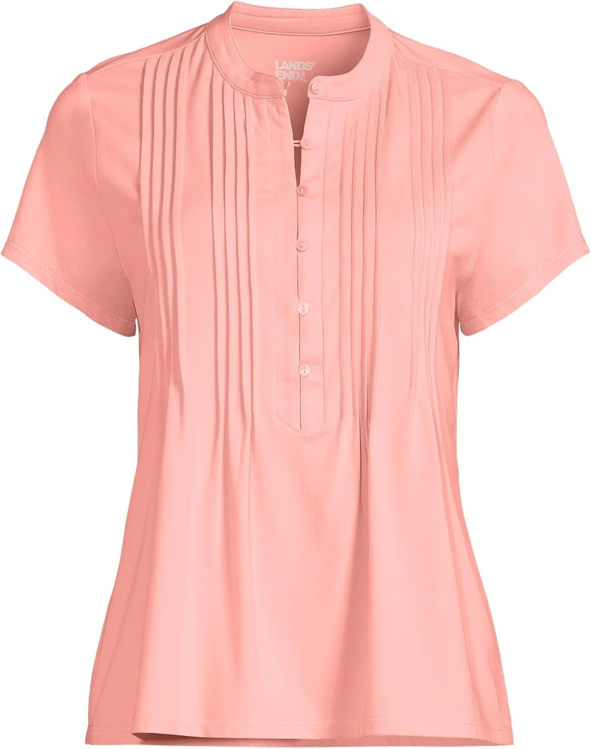 Lands' End Women's Short Sleeve Lightweight Jersey Button Pintuck Top