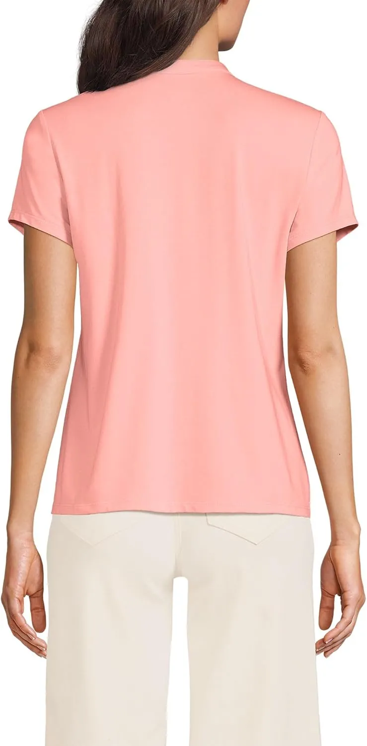 Lands' End Women's Short Sleeve Lightweight Jersey Button Pintuck Top