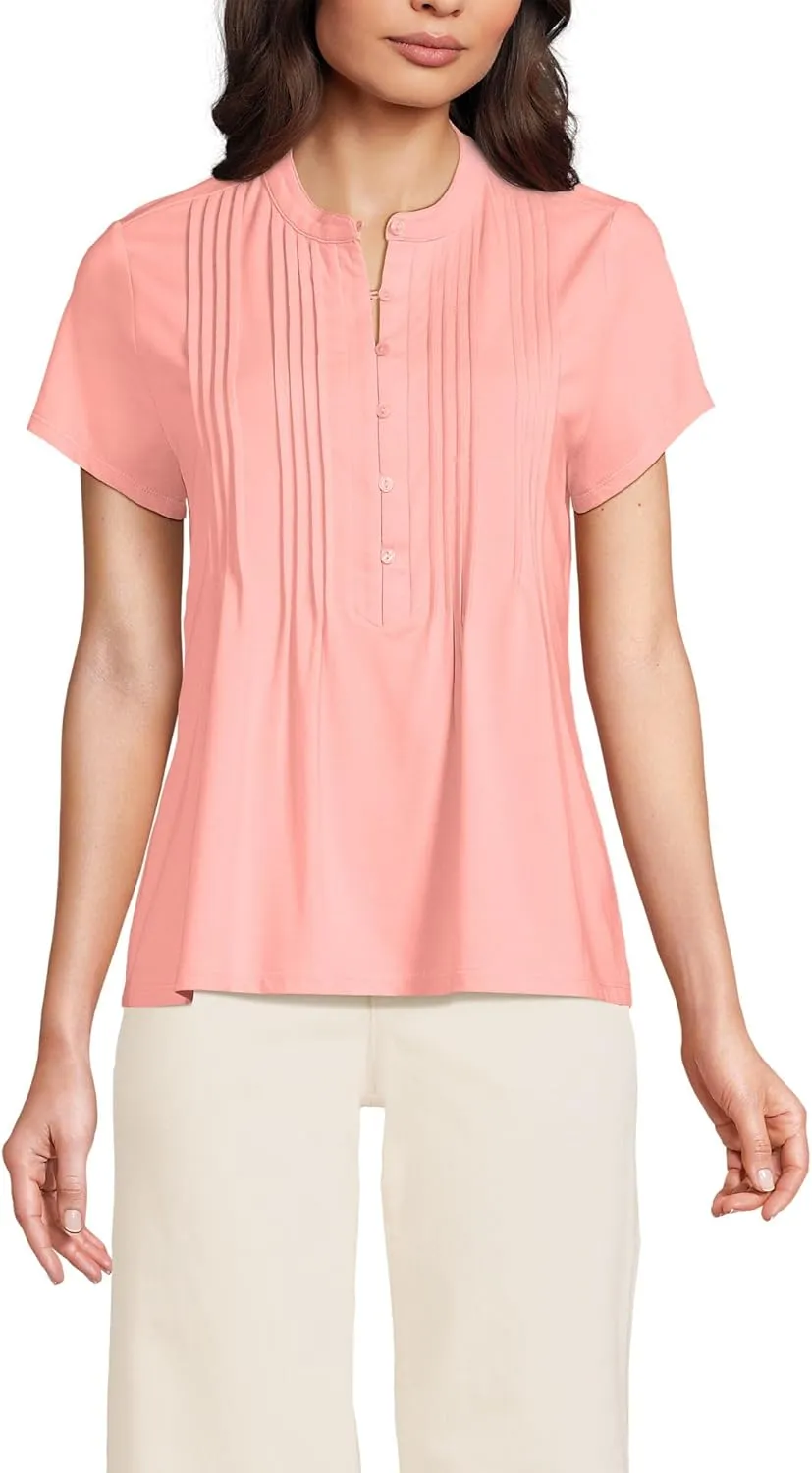 Lands' End Women's Short Sleeve Lightweight Jersey Button Pintuck Top
