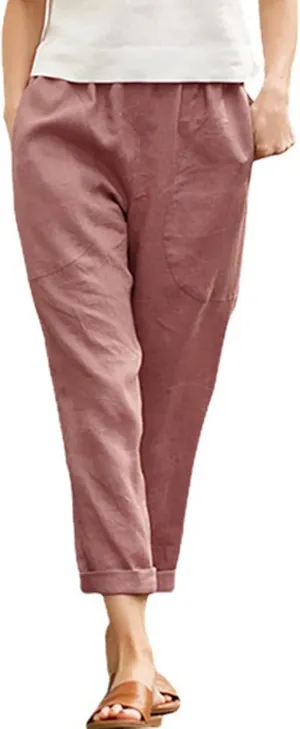 LCMTWX Womens Wide Leg Pants Summer Elastic High Waist Linen Pants Straight Leg Wide Leg Cropped Pants Cotton Pants Petite