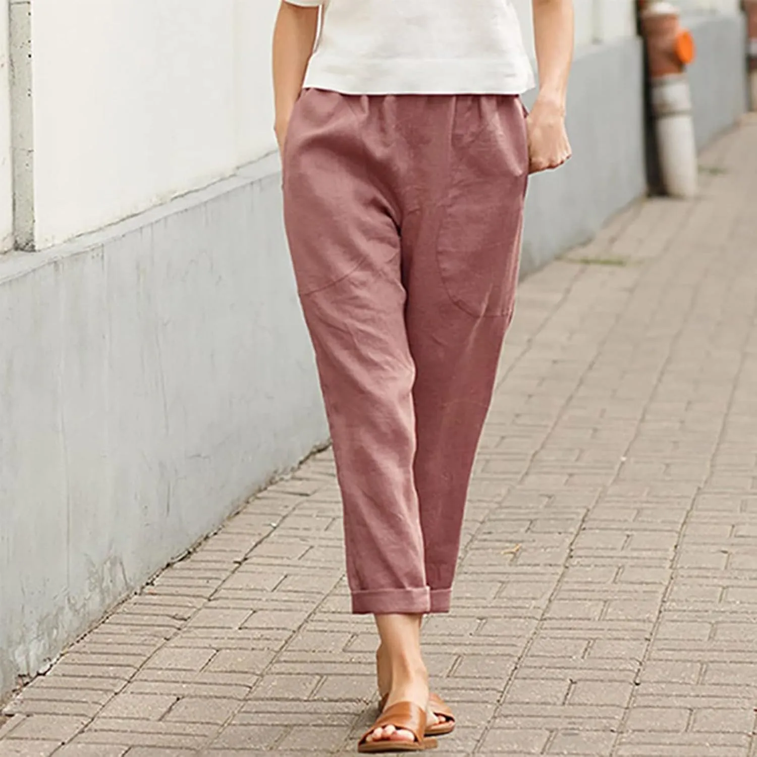 LCMTWX Womens Wide Leg Pants Summer Elastic High Waist Linen Pants Straight Leg Wide Leg Cropped Pants Cotton Pants Petite