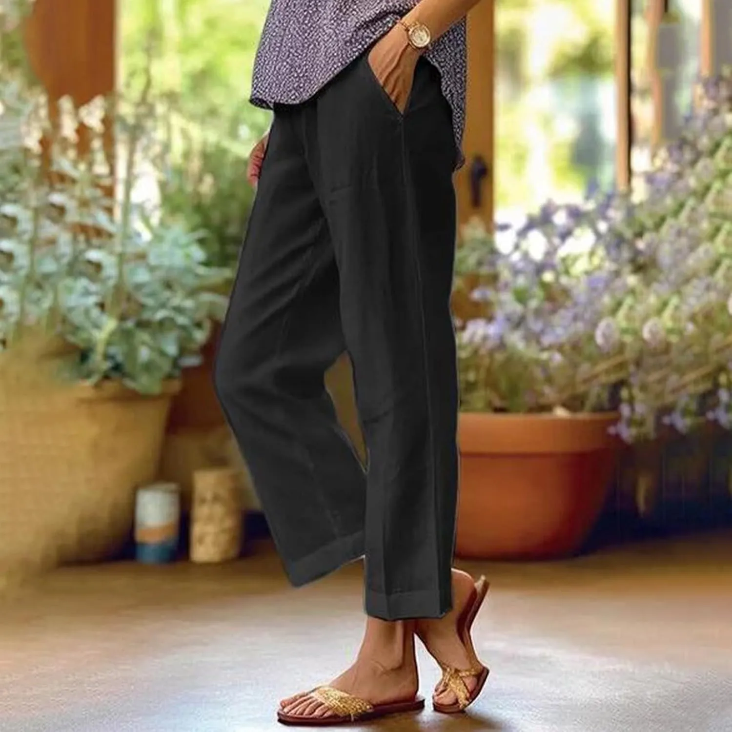 Linen Corp Pants for Women Casual Summer Gauze Plus Size Capris Elastic Waist Straight Leg Beach Pants with Pockets