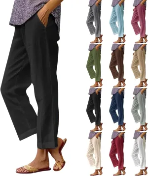 Linen Corp Pants for Women Casual Summer Gauze Plus Size Capris Elastic Waist Straight Leg Beach Pants with Pockets