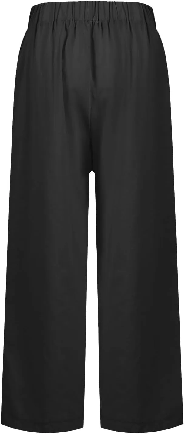 Linen Corp Pants for Women Casual Summer Gauze Plus Size Capris Elastic Waist Straight Leg Beach Pants with Pockets