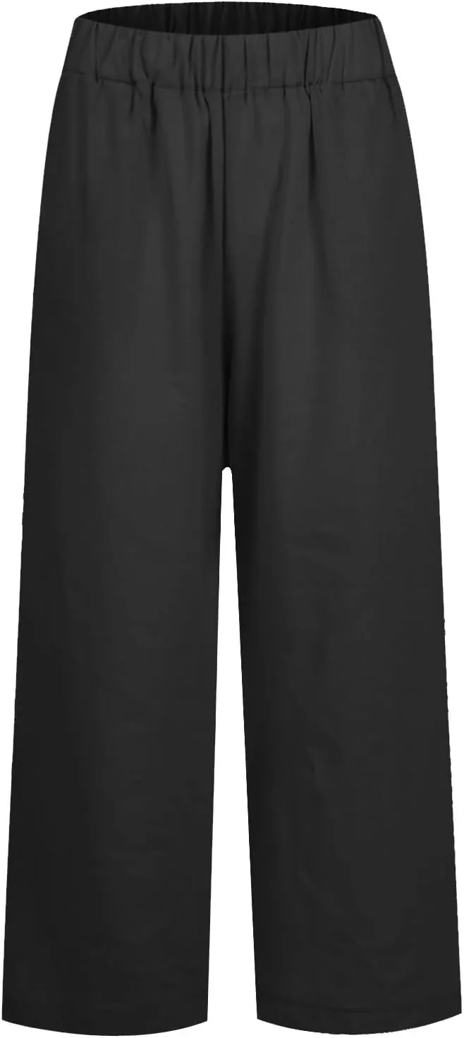 Linen Corp Pants for Women Casual Summer Gauze Plus Size Capris Elastic Waist Straight Leg Beach Pants with Pockets