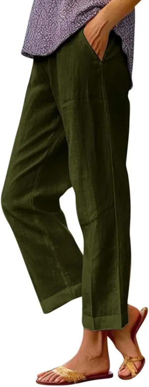 Linen Cropped Pants for Women Cotton High Waisted Wide Leg Pants Casual Summer Plus Size Beach Capris with Pockets