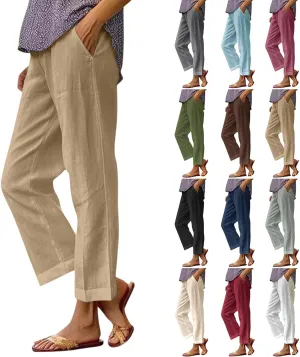 Linen Cropped Pants for Women Cotton High Waisted Wide Leg Pants Casual Summer Plus Size Beach Capris with Pockets