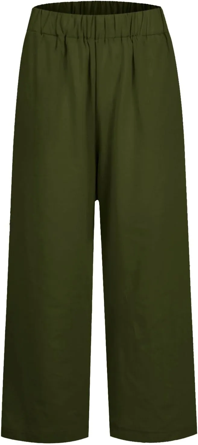 Linen Cropped Pants for Women Cotton High Waisted Wide Leg Pants Casual Summer Plus Size Beach Capris with Pockets