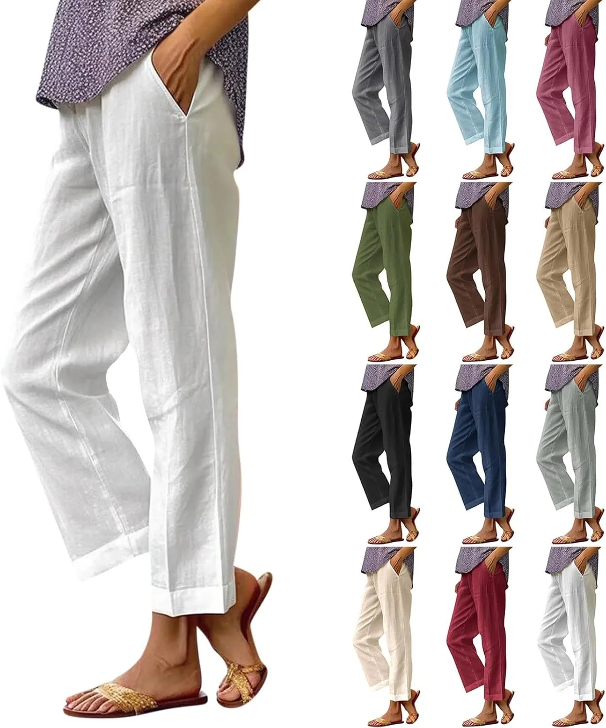 Linen Cropped Pants for Women Cotton High Waisted Wide Leg Pants Casual Summer Plus Size Beach Capris with Pockets