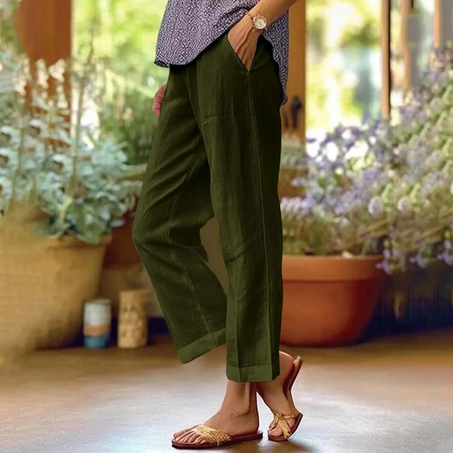 Linen Cropped Pants for Women Cotton High Waisted Wide Leg Pants Casual Summer Plus Size Beach Capris with Pockets