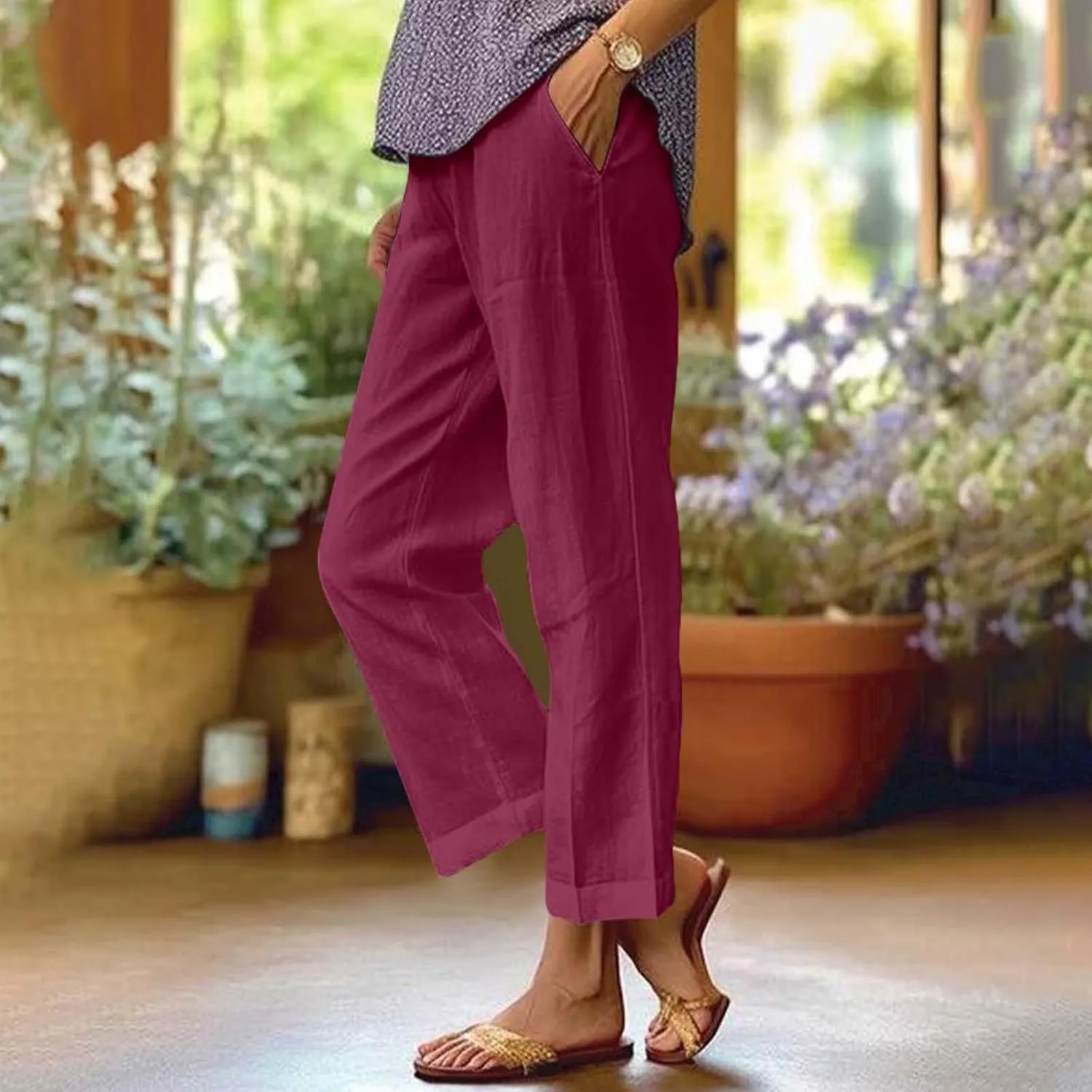 Linen Cropped Pants for Women Cotton High Waisted Wide Leg Pants Casual Summer Plus Size Beach Capris with Pockets