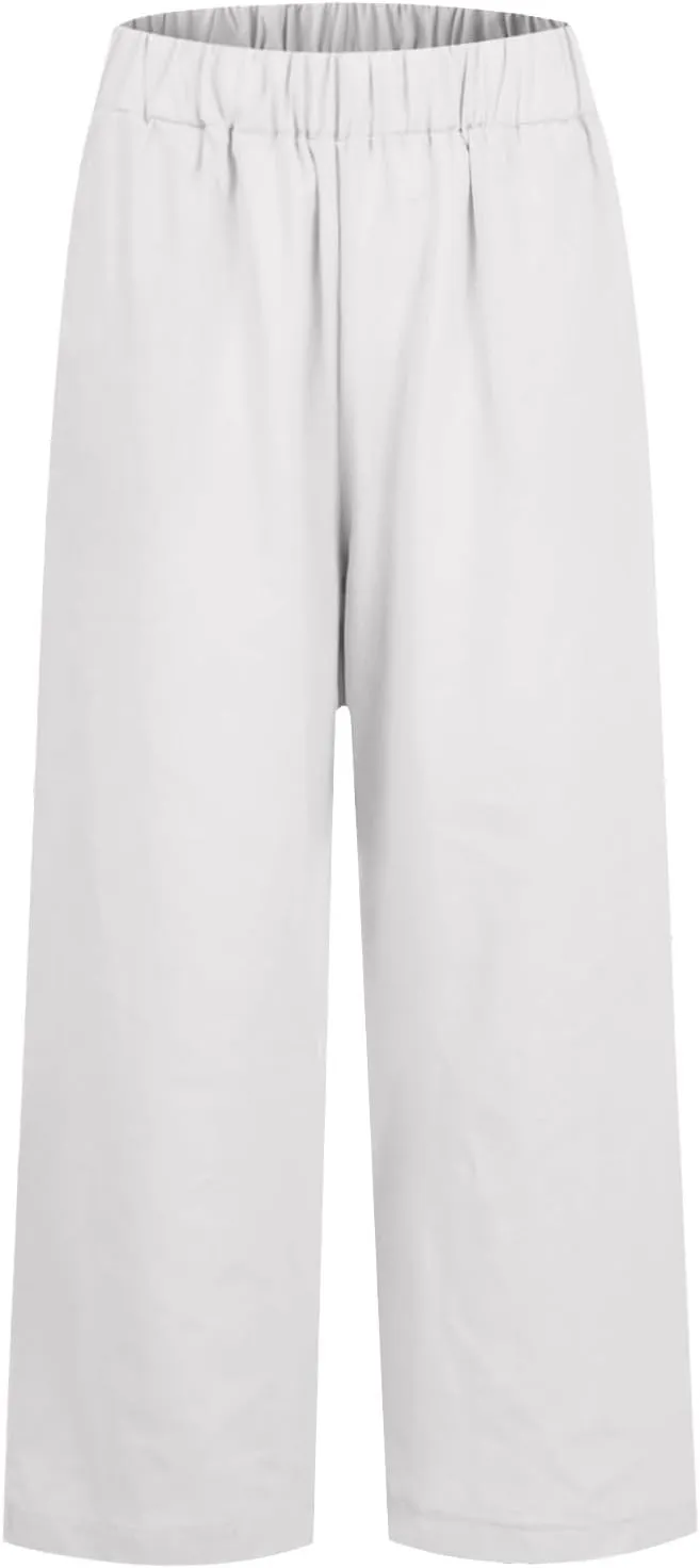 Linen Cropped Pants for Women Cotton High Waisted Wide Leg Pants Casual Summer Plus Size Beach Capris with Pockets