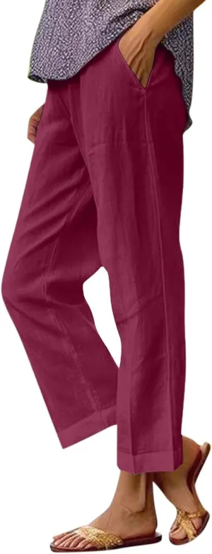 Linen Cropped Pants for Women Cotton High Waisted Wide Leg Pants Casual Summer Plus Size Beach Capris with Pockets