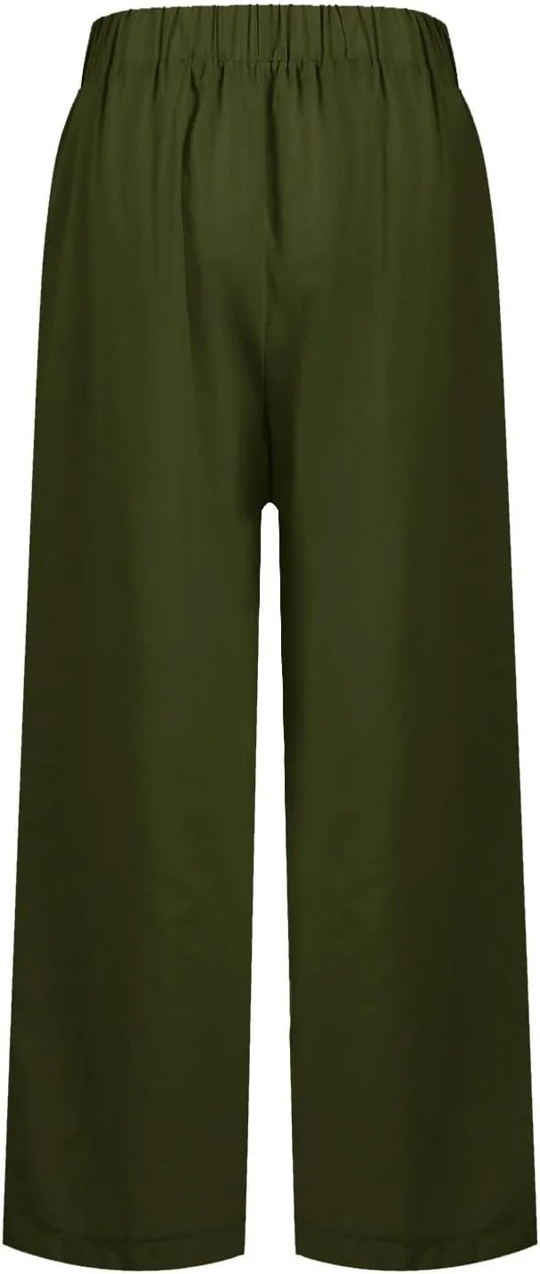 Linen Cropped Pants for Women Cotton High Waisted Wide Leg Pants Casual Summer Plus Size Beach Capris with Pockets