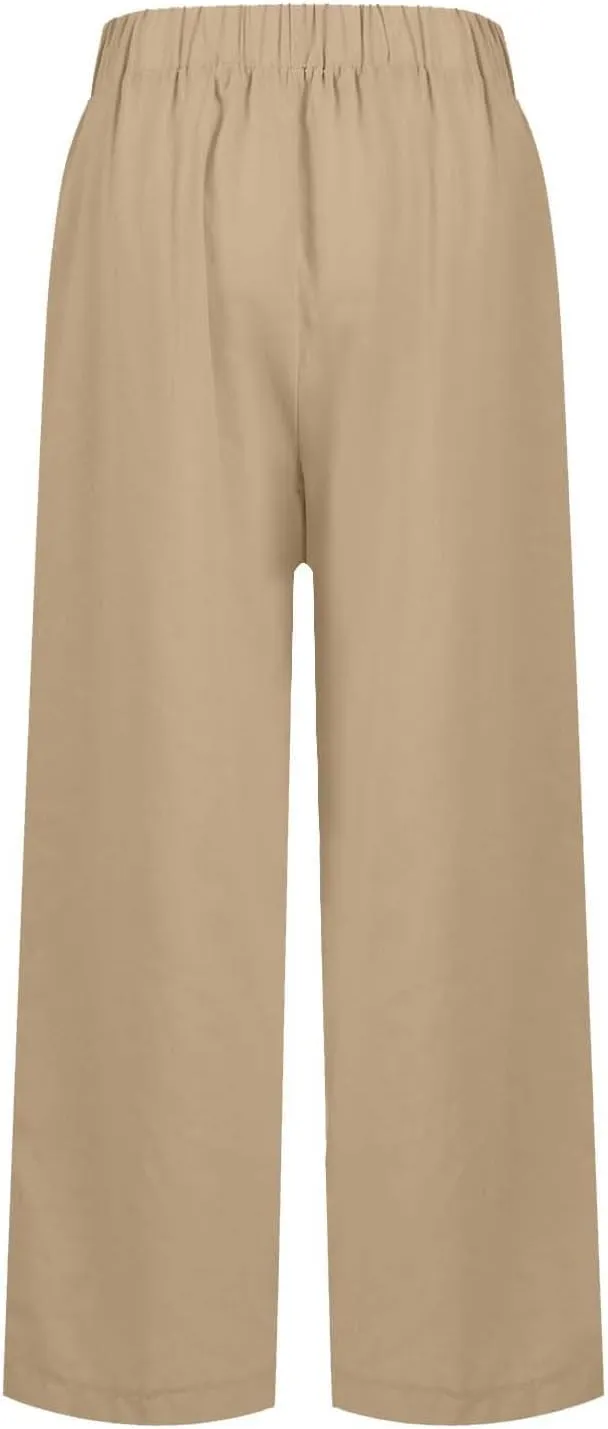Linen Cropped Pants for Women Cotton High Waisted Wide Leg Pants Casual Summer Plus Size Beach Capris with Pockets