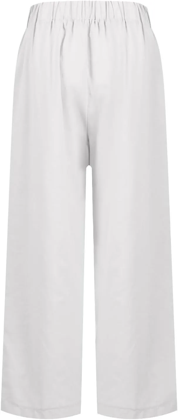 Linen Cropped Pants for Women Cotton High Waisted Wide Leg Pants Casual Summer Plus Size Beach Capris with Pockets