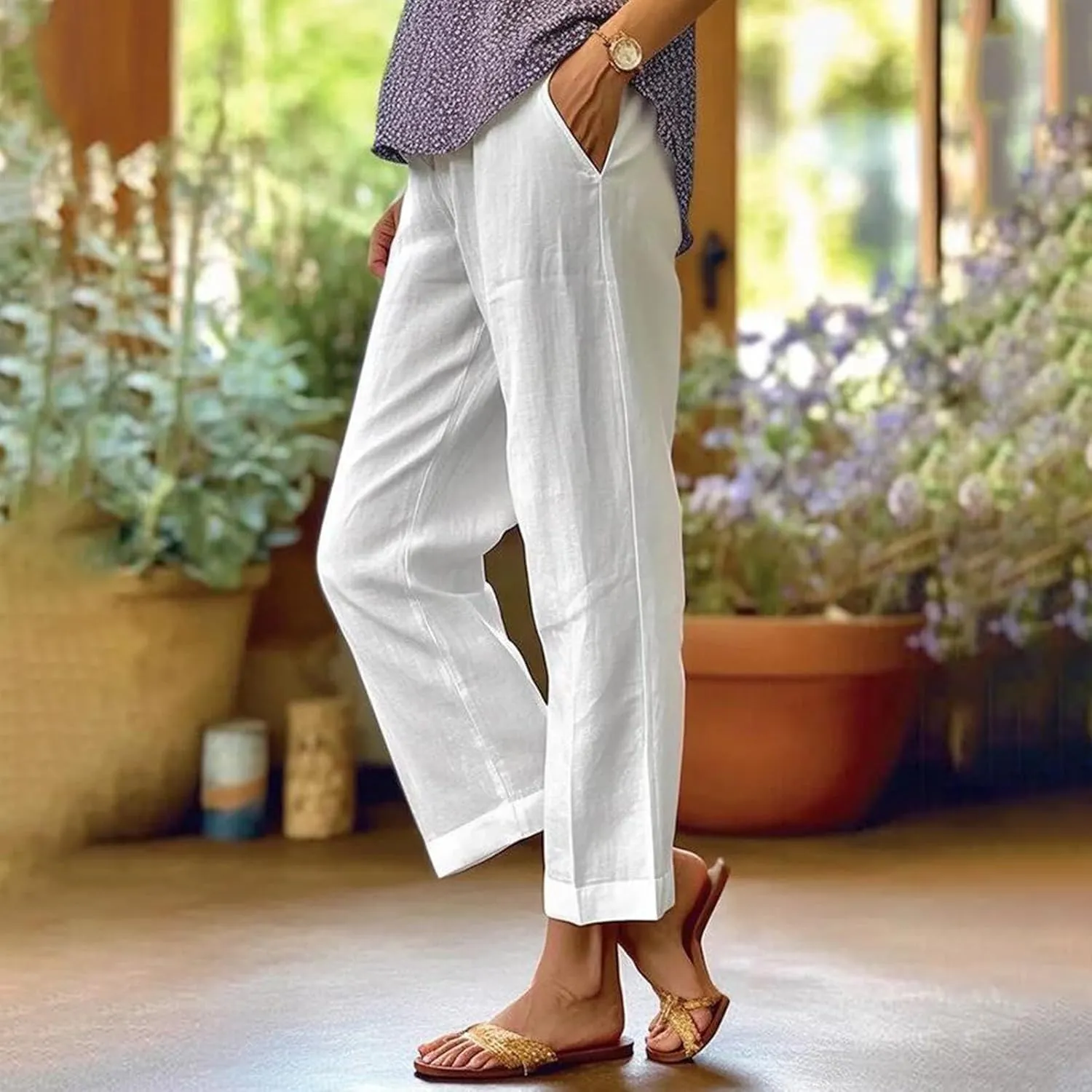 Linen Cropped Pants for Women Cotton High Waisted Wide Leg Pants Casual Summer Plus Size Beach Capris with Pockets